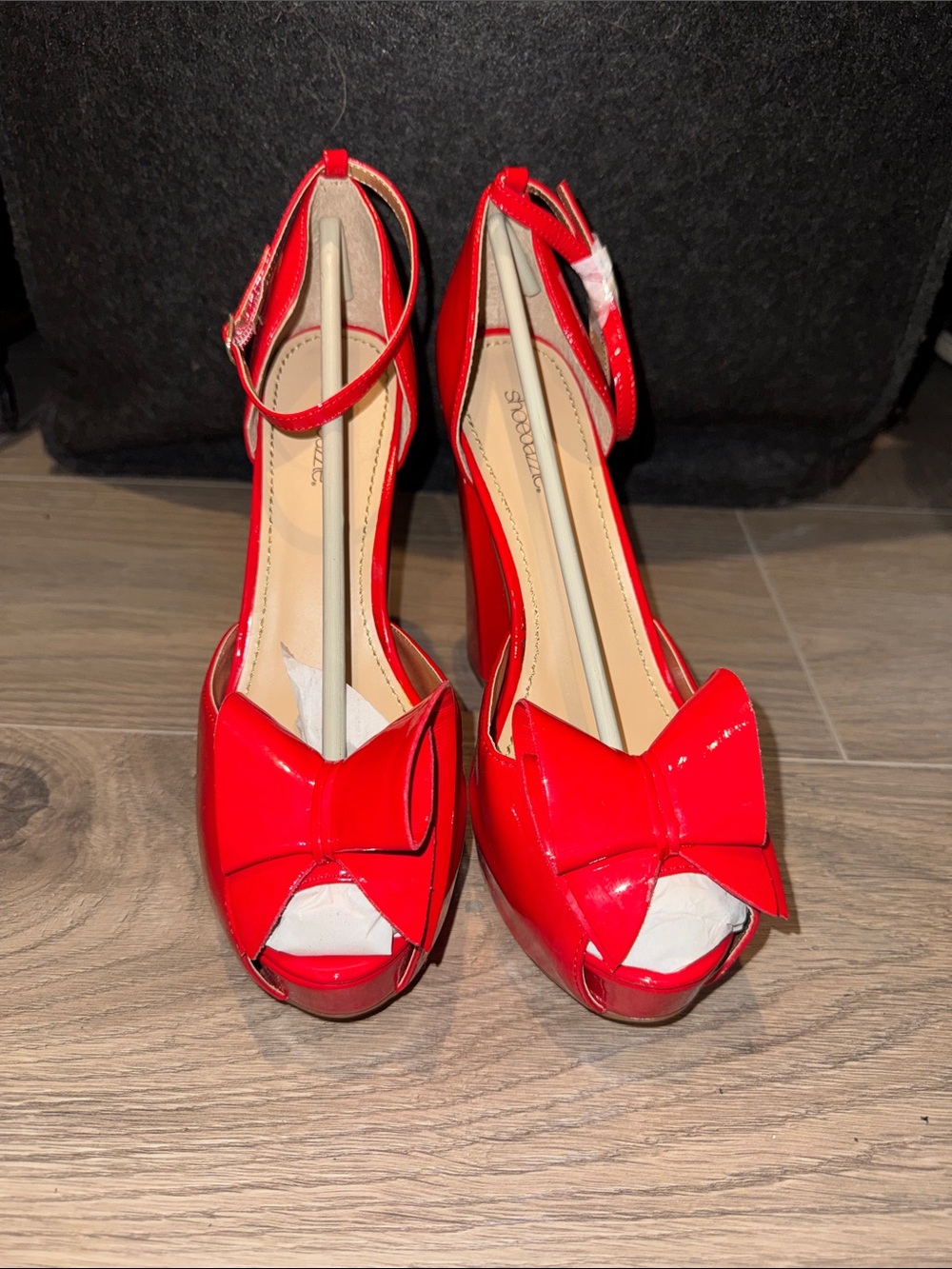Shoe Dazzle Red Bow Peep-Toe Ankle Strap Heels